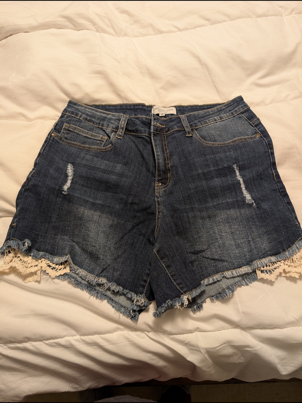 Chic Soul Dark Blue Denim Shorts with Lace Trim